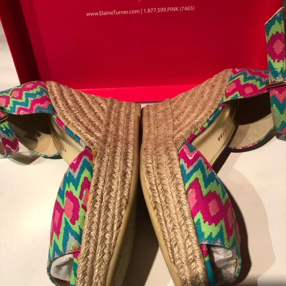 NWT in box Elaine Turner Pink, Green & Blue Batik Print Espadrille Wedge Sandals